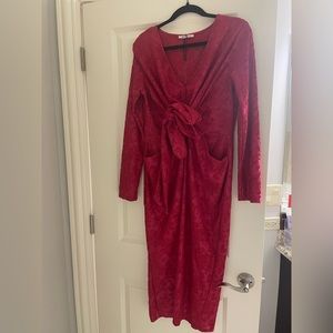 ZARA Women's Medium Red Pink Long Sleeve Crossover Midi Dress Rose Floral